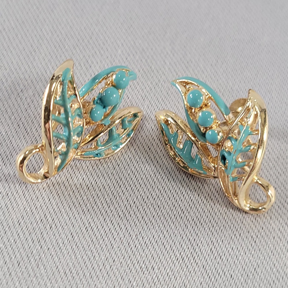 Coro Vintage Gold Tone Earrings Turquoise Blue Enamel Leaf Screw Back